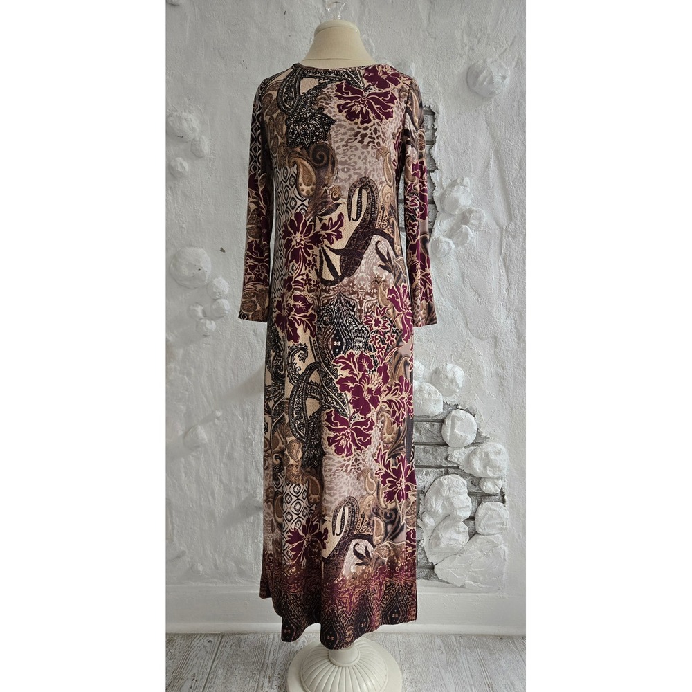 Chico's Mixed Print Paisley Floral Maxi Dress Burgundy Tan Size 0 Boho Romantic